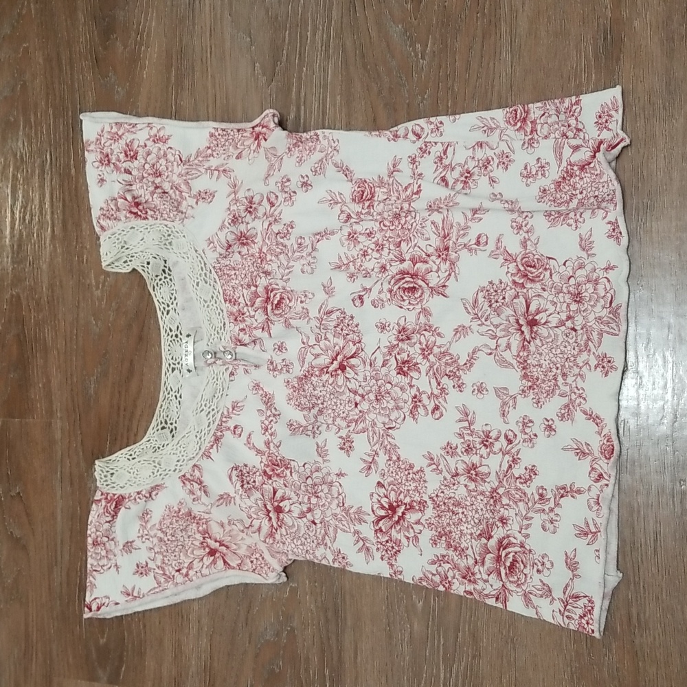 (L) Agenda Floral Print Crochet Bohemian Keyhole Peasant Cottagecore